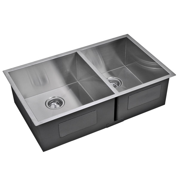 dCOR design 33'' L Undermount Double Bowl Stainless Steel Kitchen Sink ...