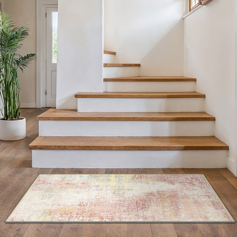 Abstract Washable Area Rug, Pink/Yellow/Beige, Rectangle 80 x 150 cm