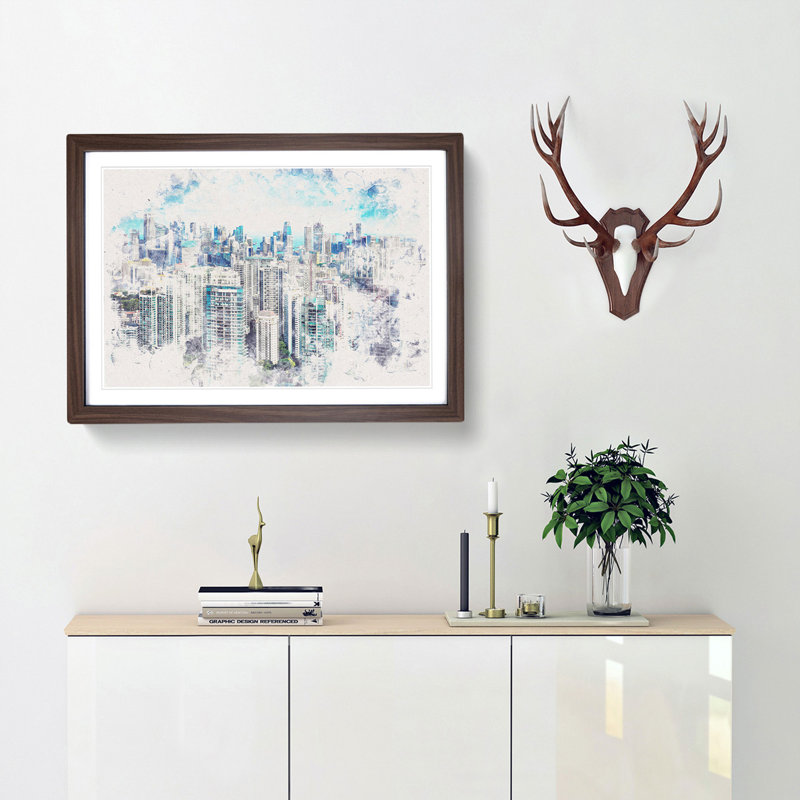 Singapore Skyline - Picture Frame Painting Print, 24cm H x 33cm W x 2cm D, Walnut Framed