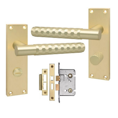 Golden Grace Victorian Design Knurled Hex Cut Bathroom Handle on Backplate Satin Brass Finish with Bathroom Mortise Lock - 150mm x 40mm