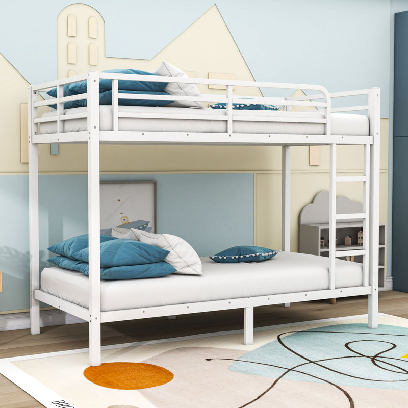 Metal Bunk Bed With Guardrails And Ladder, White, Twin XL Over Twin XL