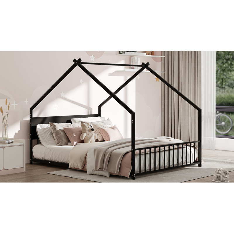 Full Size House Bed With Roof And Colorful Lights, Metal Bed Frame With Slats And Legs, House Bed For Boy, Girls And Young Teens, No Box Spring Needed,Black.