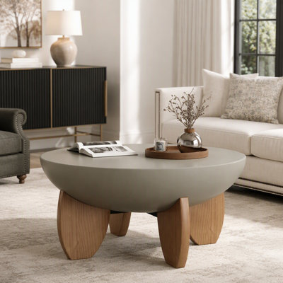Table basse en forme de bol avec pieds en bois massif, plateau lisse peint, montage facile, style milieu du siècle, idéale pour les petits espaces (salon, appartement), vert sauge et noyer.