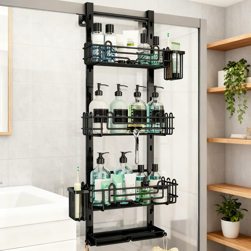 4-Tier Over-The-Door Hanging Shower Caddy With 22 Hooks And Toothbrush Holders - Adjustable, Rustproof Stainless Steel, Black