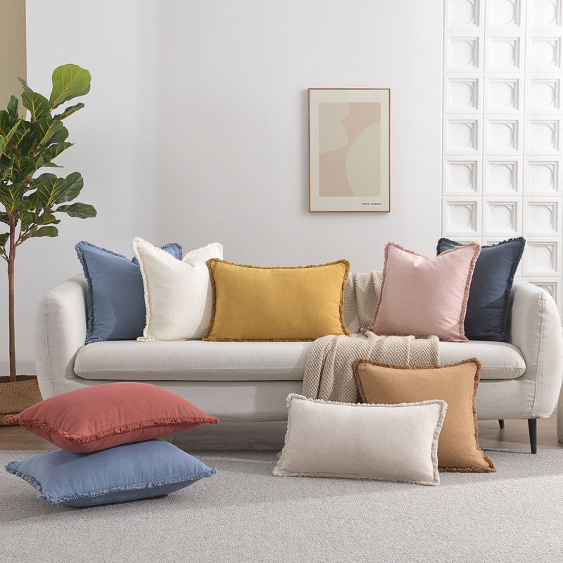 Housse de coussin en lin délavé texturé Boho Farmhouse, Bleu clair, Rectangle H 14 po x l 22 po