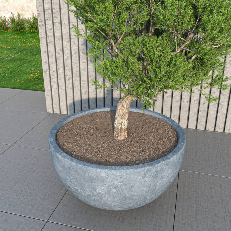 Trevonna Round Bowl-Shaped Fiberstone Planter Handmade MGO Clay Plant Pot with Drainage Holes for Indoor & Outdoor Use, Black