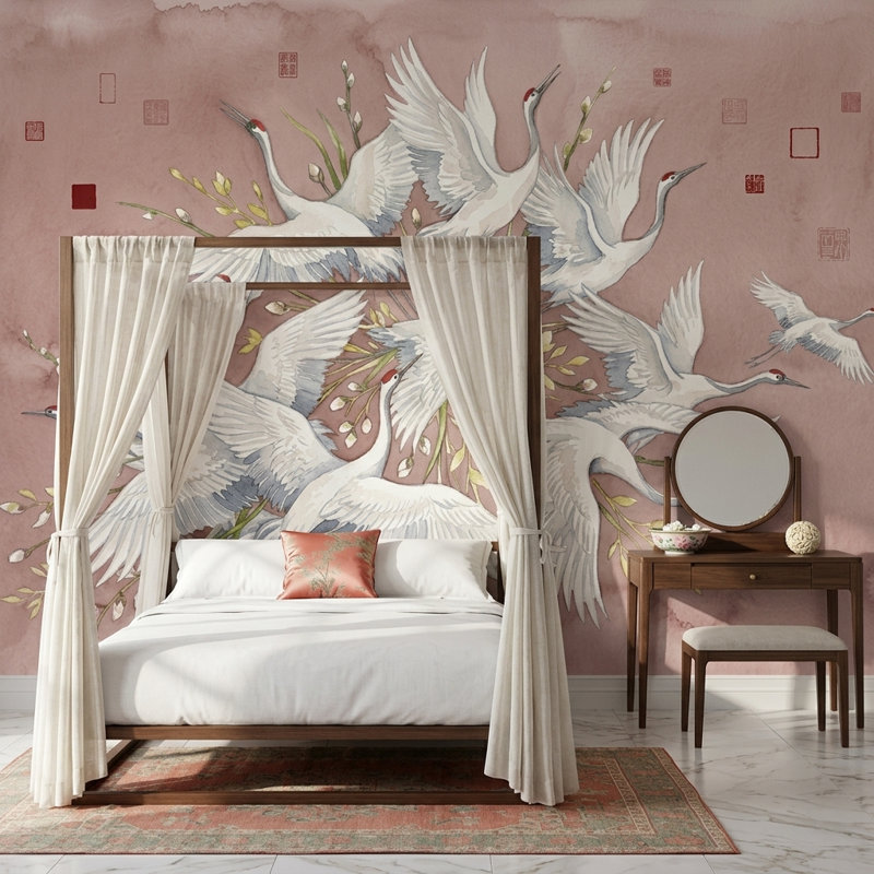 Papier peint rose Cranes, 160 po x 108 po, Peler et coller