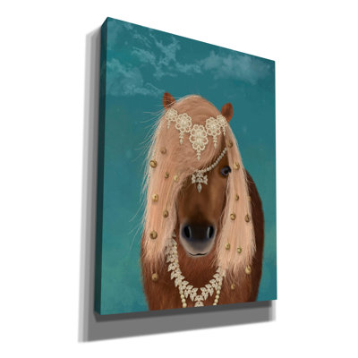 «Horse Brown Pony with Bells, Portrait» par Fab Funky, art mural sur toile