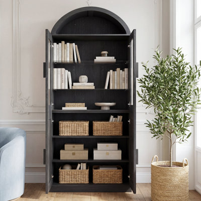 Cabin 62" H Tall Kitchen Storage Pantry Cabinet With 2 Glass Doors and 2 Woven Doors, Modern Farmhouse Kitchen Storage Cabinets With Adjustable Shelves, Dining Room