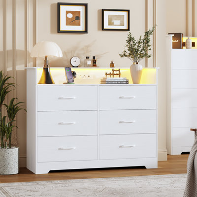 6 Drawer Dresser for Bedroom - 37” Tall Chest of Drawers with LED Light and Charging Station, Modern Organizer Cabinet with Open Shelf Table for Living Room, Entryway, Hallway,White