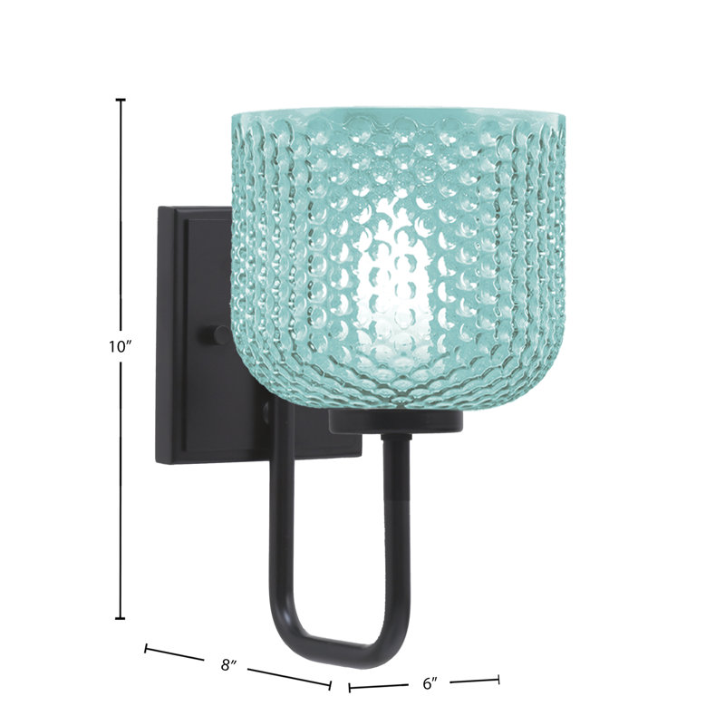 Amarmula 1 Light Wall Sconce, Matte Black Finish, 6" Turquoise Textured Glass, Teal, Black
