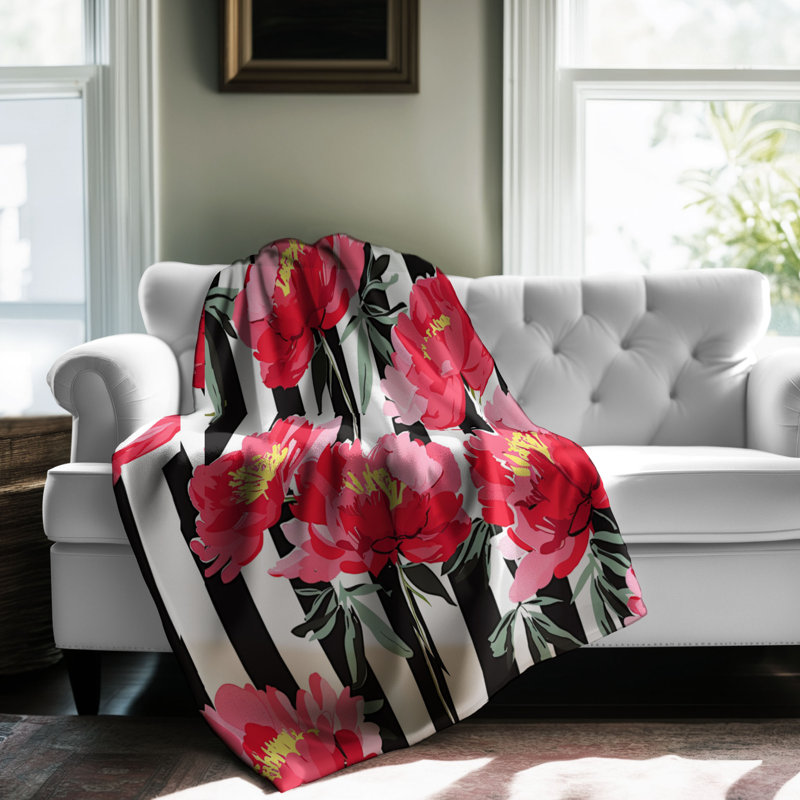 Pivoine et rayures - couverture Sherpa de qualité supérieure 1 pièce, Grand lit