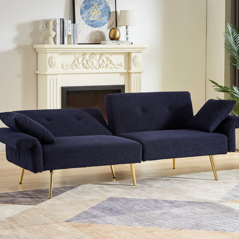 Moderne, réglable, canapé-lit à 3 places, pieds en métal doré, poche latérale, accoudoir pliable, futon rembourré bleu foncé avec 4 angles réglables et poche pour l'espace de vie principal