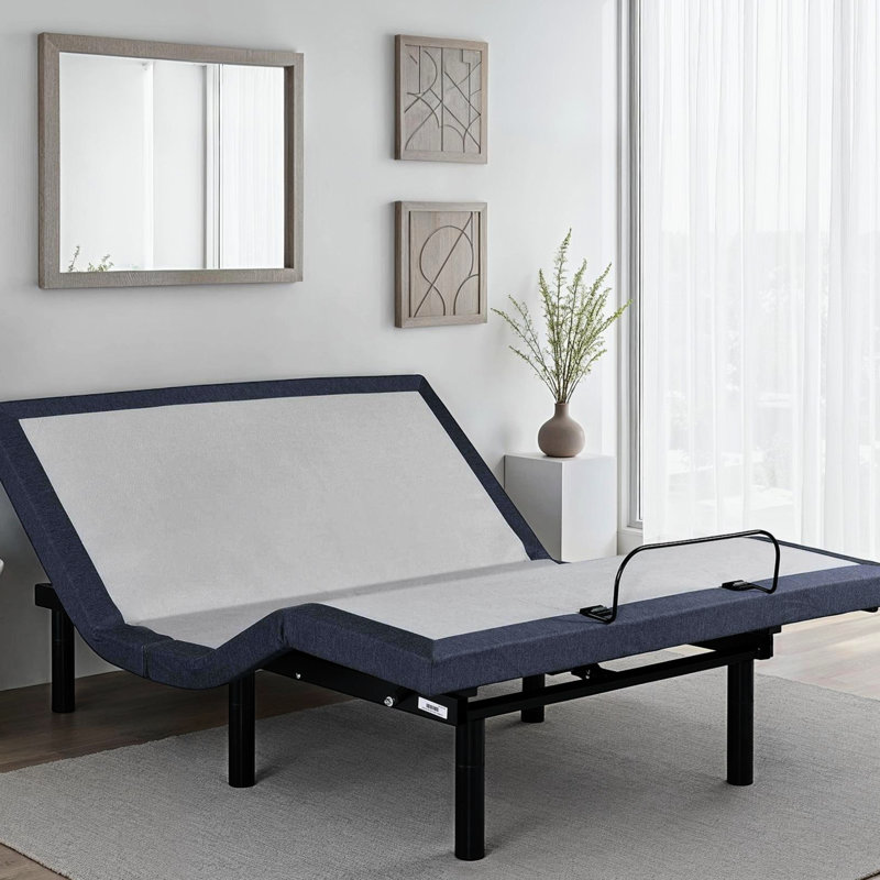 Base de lit réglable offrant un positionnement complet de la tête et des pieds, un massage apaisant du corps, 2 positions de mémoire, une touche de réinitialisation à plat. Taille bleu gris acier avec réglages, fonction de ronflement relaxant, 3