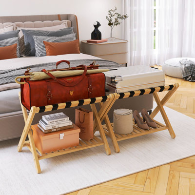 Paquet de 2 porte-bagages pliables en bambou naturel pour chambre d'amis / chambre à coucher - robuste, tablette de rangement, peut supporter 160 lb en haut / 50 lb en bas
