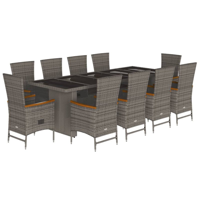  Ensemble de salle à manger de jardin PE rotin gris, acier thermolaqué, verre trempé, 11 pièces: table, 9 chaises