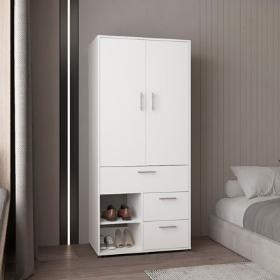 Armoire avec portes doubles, tringle suspendue et tablettes intérieures, garde-robe moderne autoportante
