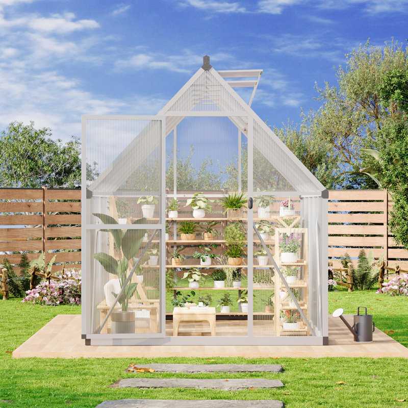 6x9 FT Walk-In Polycarbonate Greenhouse, Enhanced Aluminum Frame with Adjustable Roof Vent & Lockable Door, Easy Assembly for Garden or Patio - Silver