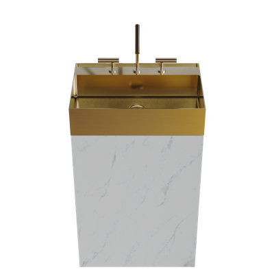 Integrated Brushed Gold Stainless Steel Sink Modern Bathroom Vanity, White Marble Melamine Freestanding Cabinet For Contemporary Bathrooms