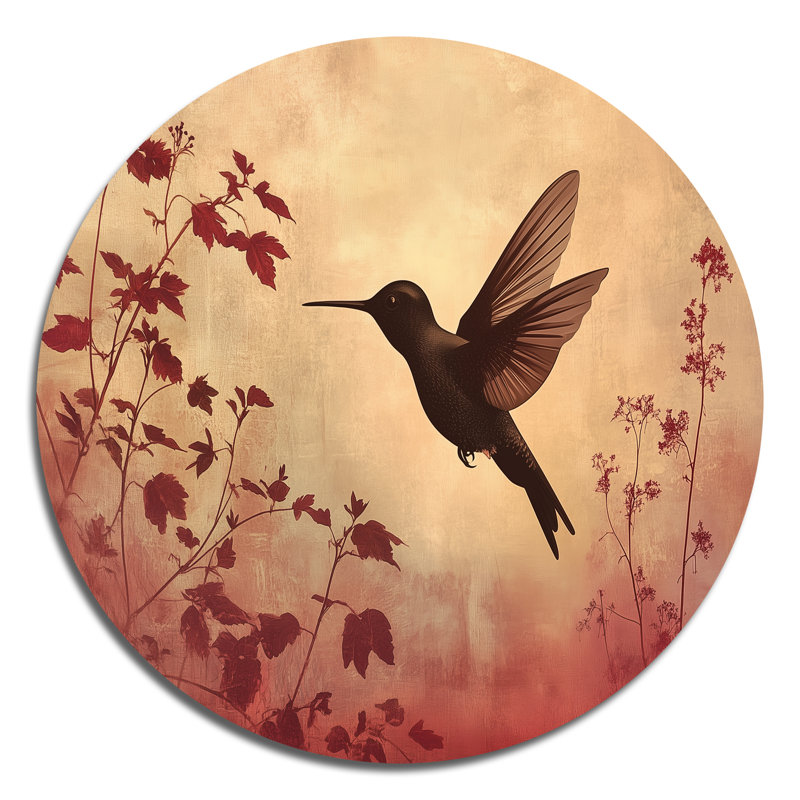 Décoration murale ronde en métal rose avec colibri rose en vol de Bourgogne, H 23 po x l 23 po