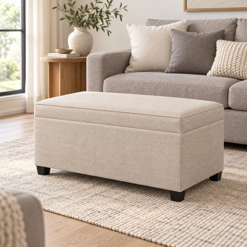 32" Rectangle Storage Ottoman Bench With Linen Upholstered, Beige