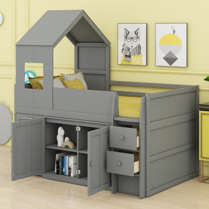 Lit mezzanine en bois moderne avec bureau, tiroirs de rangement et armoires, Gris