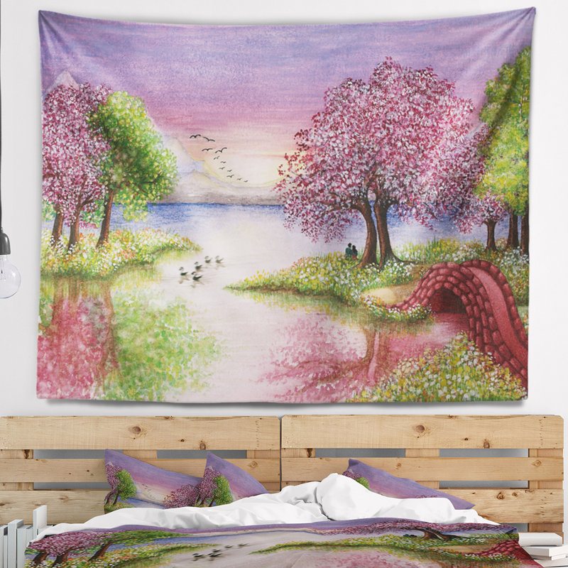 Lac romantique en tapisserie rose et verte, H 32 po x l 39 po