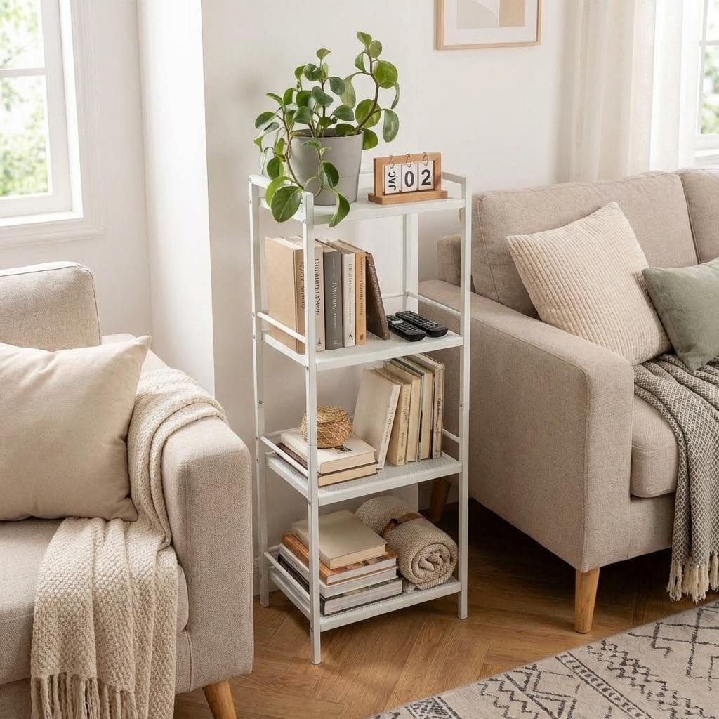 3 Tier Heavy Duty Metal Storage Shelving Unit with Guardrail Fence, White Freestanding Narrow Shelf for Kitchen Bathroom Living Room Bedroom Office, 3