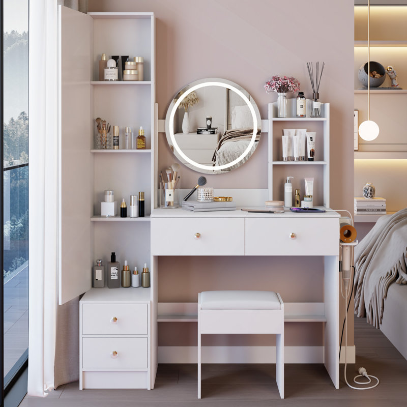 Full Body Mirror Cabinet With Round Mirror LED Vanity Table With Cushioned Stool, With 2 AC With 2 USB Power Station,17" Diameter LED Mirror, Touch Control, 3-Color, Brightness Adjustable, Large Desktop