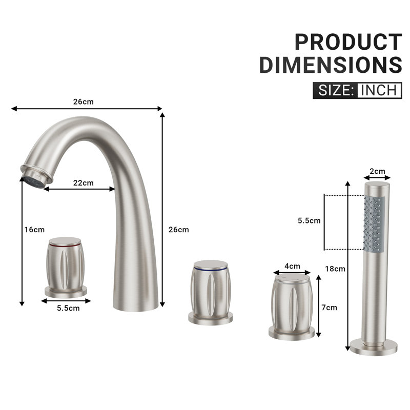 3 Handles Deck Mount Roman Tub Faucet With Hand Shower, Brushed Nickel