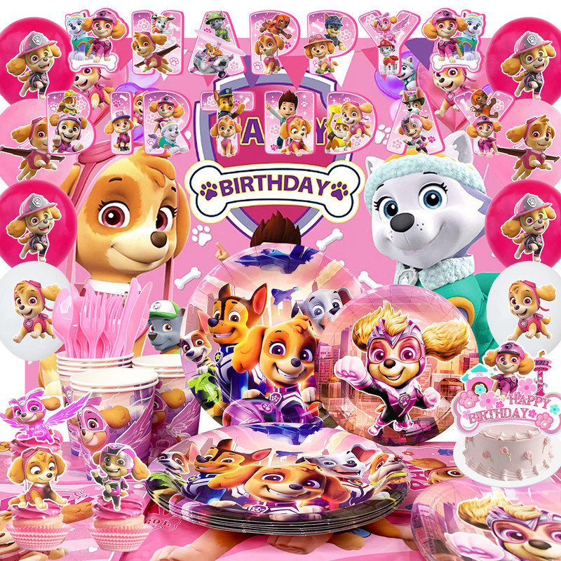 Pink Paw Patrol Birthday Decorations Party Supplies,98pcs Pink Paw Patrol Party Decorations & Pink Paw Patrol Tableware Set