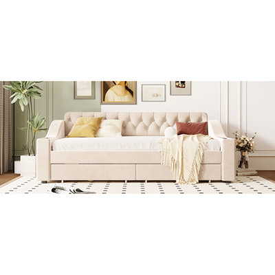 Twin Daybed With Port And Armrest Storage In Beige Upholstery Theme