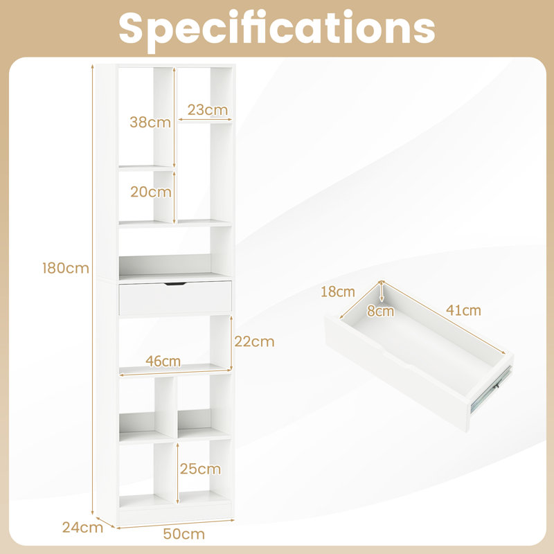 180CM Tall Bookcase Modern Bookshelf With 10 Open Cubes-White