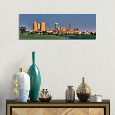 Fort Worth Panoramic Skyline Cityscape (Evening) 1 Piece Wrapped Canvas Panoramic Wall Art