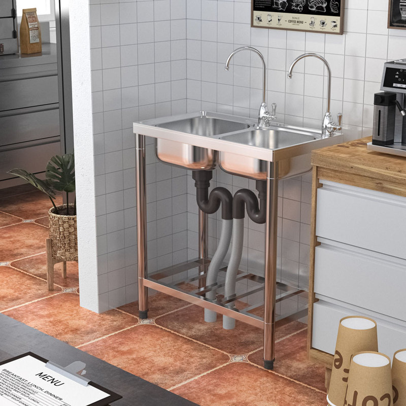 Metro Lane 39mm W Double Bowl Stainless Steel Flush Kitchen Sink with 2 Faucet Holes