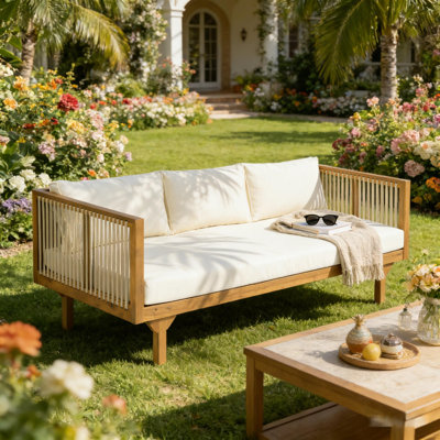 Outdoor Patio Sofa With Cushion & Rope Back, Acacia Wood Teak Finish For Garden, Deck, Or Backyard