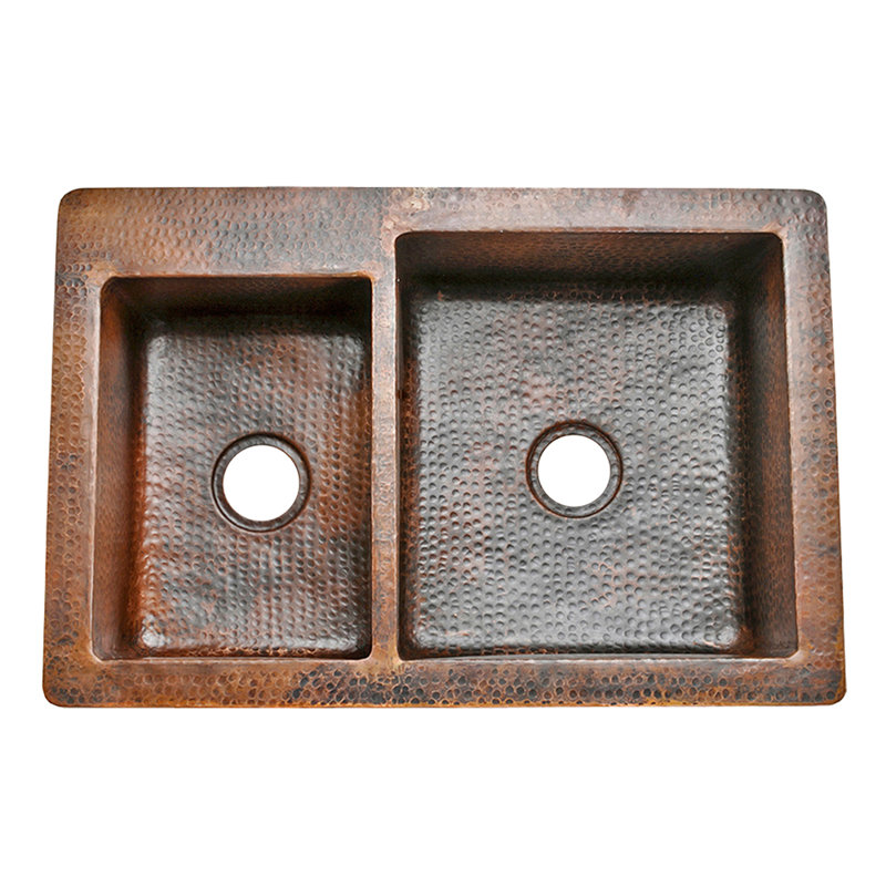 33" Hammered Copper Kitchen 40/60 Double Basin Sink with Matching Drains, and Accessories