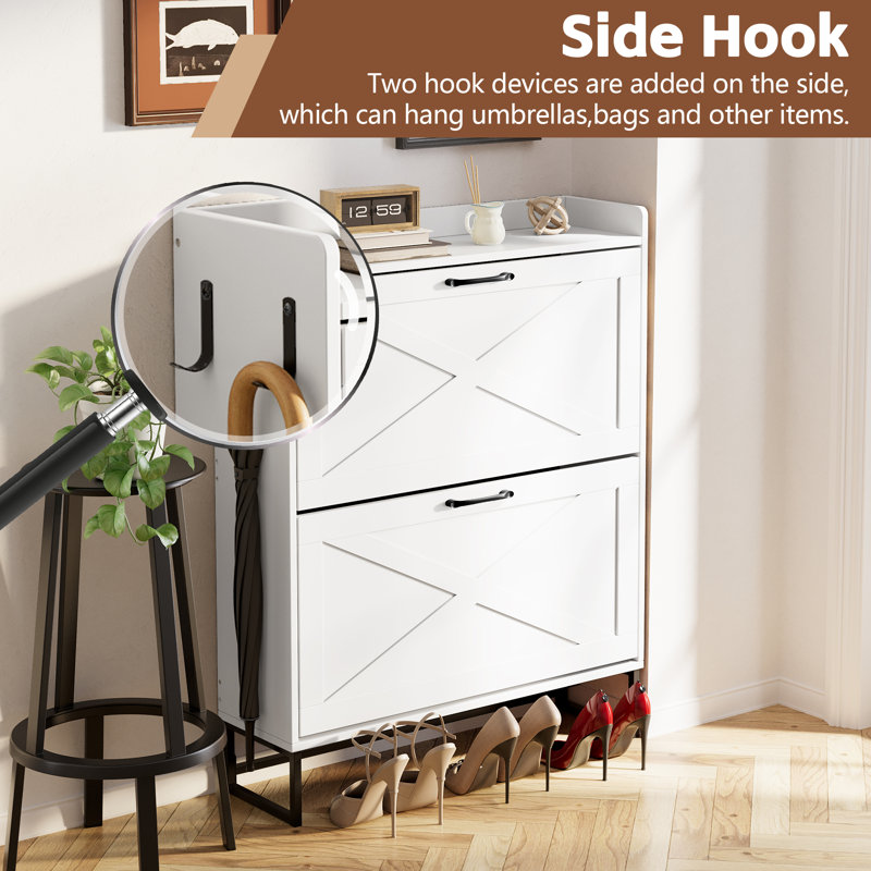 40''H 16 Pair Shoe Storage Cabinet with 2 Flip Drawers, White