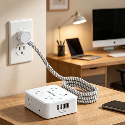 5Ft Braided Extension Cord, Multi Plug Outlet Extender with 8 Outlets and 4 USB Ports, Flat Plug Charging Station for Home and Office