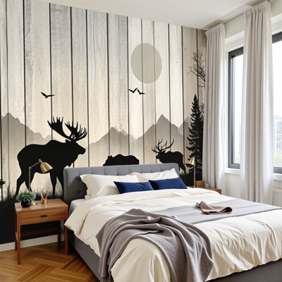 Hunting Peel and Stick Wallpaper Elk Wooden Board Farmhouse Wildlife Forest Wall Murals 100"H x 144"W Removable PVC Wall Paper Self-Adhesive Wall Paintings Art Decor for Man Cave Bedroom Living Room