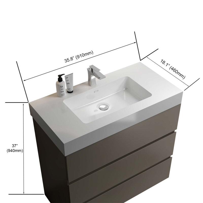 Meuble-lavabo sur pied simple avec plateau 35,8 po Tahliya, Gris, Blanc