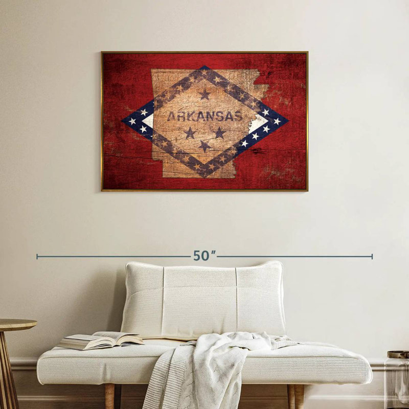 Carte d'État sur le drapeau de l'Arkansas, Cadre flottant doré, 37 po x 25 po