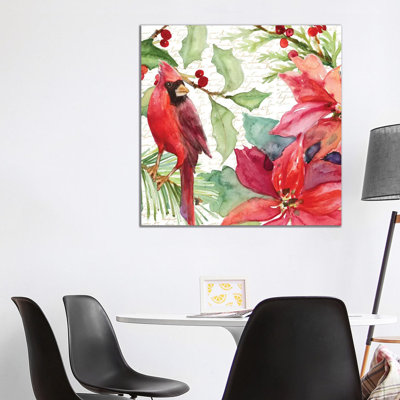 Poinsettia and Cardinal Ii 1 Piece Wrapped Canvas Wall Art