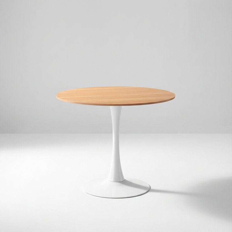 Mid-Century Modern Round Pedestal Dining Table with Finish Top, White, 28.74"H x 31.5"L x 31.5"W, Oak