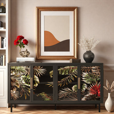 Metal Iron Frame Sideboard With Stained Tropical Plant Glass Doors, Golden Handles And Sturdy Legs