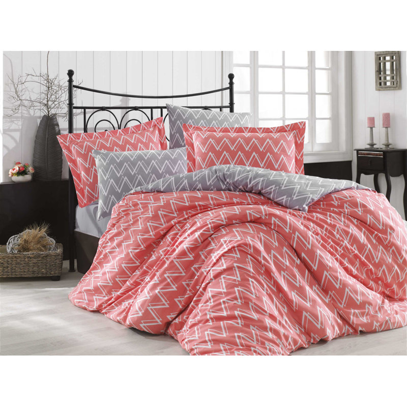 Ensemble de housse de couette 100% coton cristal turquoise / gris / blanc 4 pièces, Corail clair