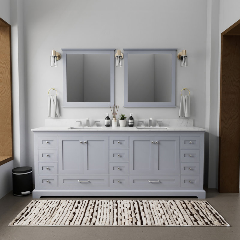 Meuble-lavabo double gris foncé 84 po X P 22 po D, plateau en marbre de Carrare et Miroirs