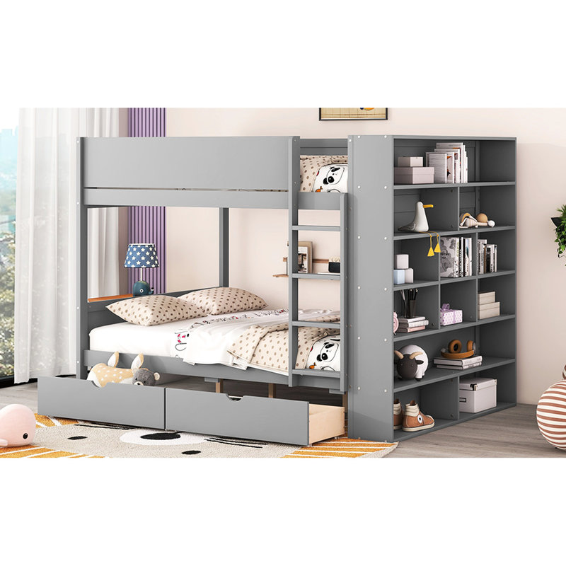 Lit double superposé au-dessus gris avec 2 tiroirs et une armoire - Économisez de l'espace, améliorez le confort, convient aux enfants de 6 ans et plus, tous les outils sont inclus.