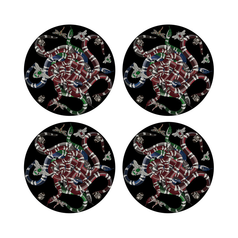 Ouroboros Purple Vegan Leather Round Coasters, Black