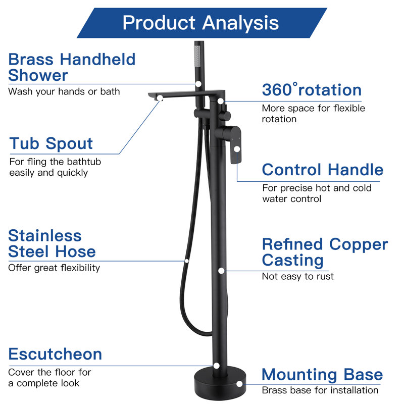 Matte Black Brass Freestanding Bathtub Faucet with Hand Shower